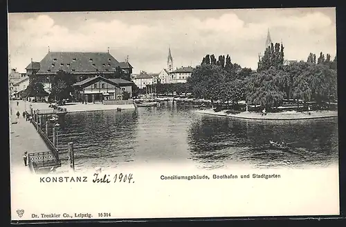 AK Konstanz, Conciliumsgebäude, Boothafen und Stadtgarten