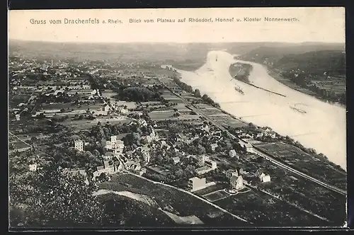 AK Rhöndorf a. Rhein, Ortsansicht vom Drachenfels, mit Honnef und Kloster Nonnenwerth