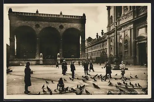 AK München, Taubenfütterung vor der Feldherrnhalle