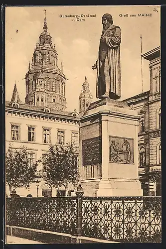 AK Mainz, Gutenberg-Denkmal und Dom