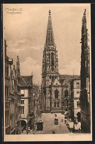 AK Münster i. W., Prinzipalmarkt mit Lambertikirche und Strassenbahn