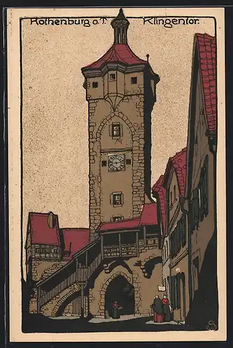 Steindruck-AK Rothenburg, Klingentor mit Uhr
