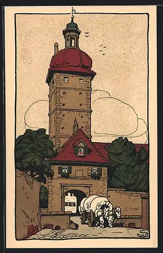 Steindruck-AK Dinkelsbühl, Strassenpartie am Segringer-Tor