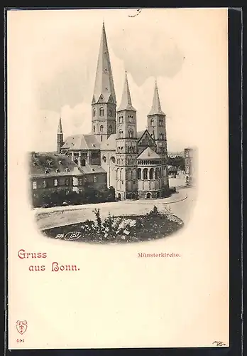 AK Bonn, Münsterkirche mit Strasse und Anlagen aus der Vogelschau