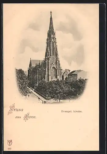 AK Bonn, Evangel. Kirche mit Strasse und Anlagen aus der Vogelschau