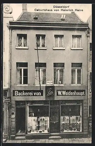 AK Düsseldorf, Geburtshaus von Heinrich Heine mit Bäckerei von W. Weidenhaupt
