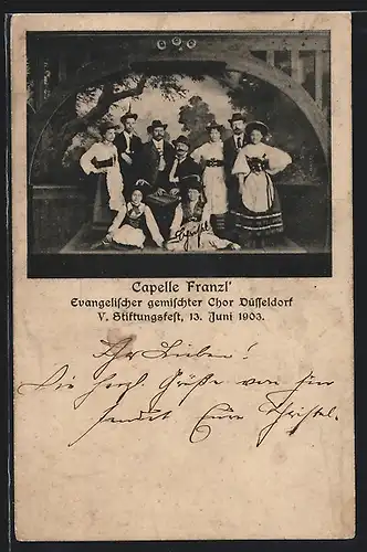 AK Düsseldorf, Ev. Chor Capelle Franzl, Bühnenfoto, Stiftungsfest 1903