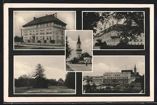 AK Malacky, Kirche, Gebäudeansichten, Parkpartie