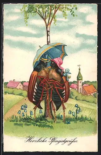 AK Maikäferpaar mit unter einem Schirm, Pfingstgruss