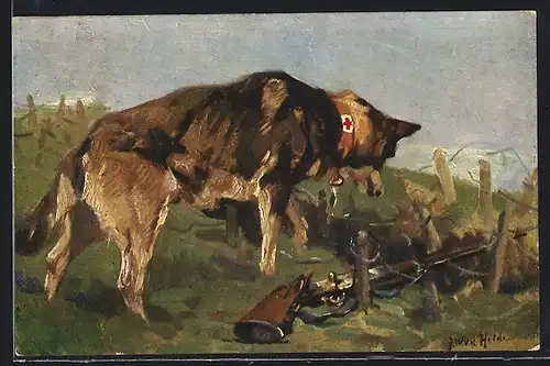 Künstler-AK Verwundeter in Wolfsgrube wird von Sanitätshund gefunden