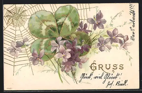 Künstler-AK Spinne im Netz hinter einem vierblättrigem Kleeblatt