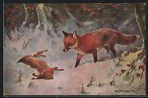 Künstler-AK Fuchs und toter Hase im Schnee