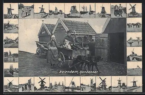 AK Volendam, Hundegespann mit Familie, Windmühlen