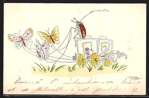 Lithographie Maikäfer fährt eine Kutsche, von Schmetterlingen gezogen