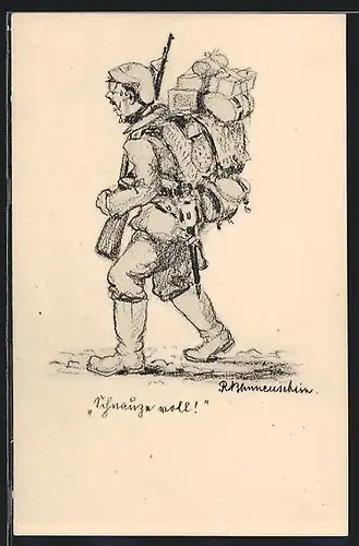 Künstler-AK Soldatenhumor, Deutscher Infanterist mit Pickelhaube & Gewehr beladen wie ein Packesel