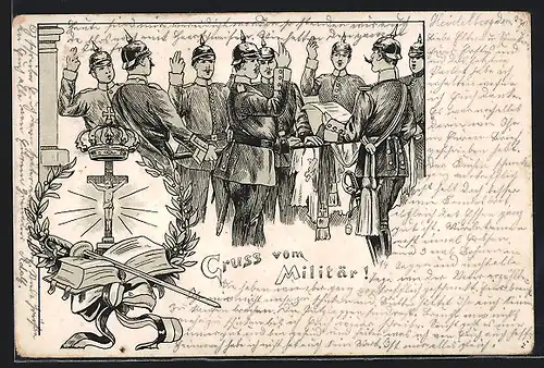 AK Soldaten mit Pickelhaube beim Treueschwur, Jesuskreuz, Kranz, Buch