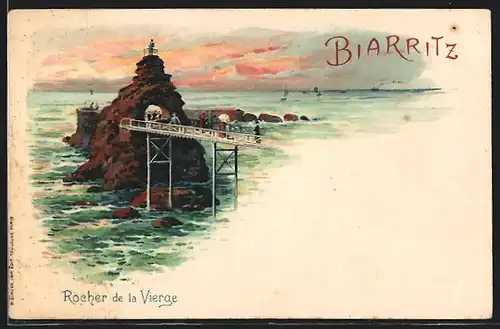 Lithographie Biarritz, Rocher de la Vierge