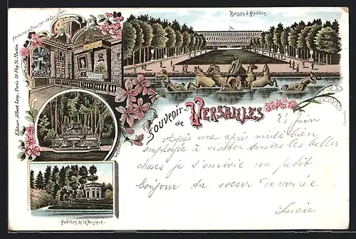 Lithographie Versailles, Bassin d`Apollon, Pavillon de la Musique, Le Buffet