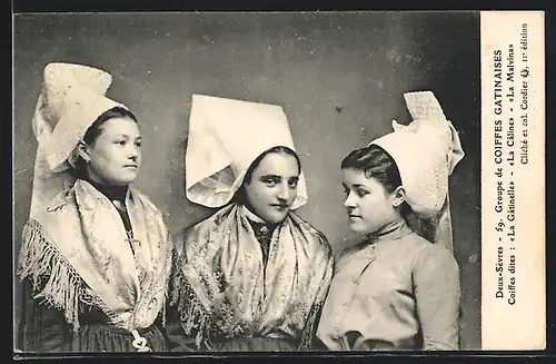 AK Groupe de Coiffes Gatinaisesm Coiffes dites La Gatinelle, La Caline, La Malvina