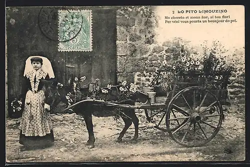 AK Aquitanien / Aquitaine, Lo Pito Limouzino, Frau mit einem Esel und Fuhrwerk