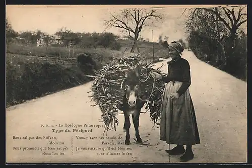 AK Aquitanien / Aquitaine, alte Frau mit Packesel