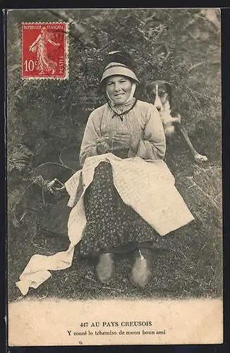 AK Aquitanien / Aquitaine, Au Pays Creusois, y cousé lo tchemiso de moun boun ami