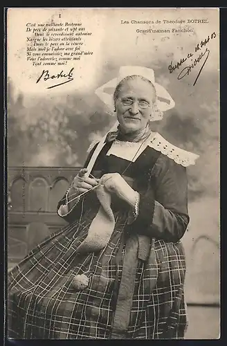 AK Grand`maman Fanchon, Théodore Botrel, nähende Frau in Tracht der Bretagne