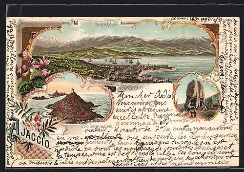 Lithographie Ajaccio, Golfe d`Ajaccio, Iles Sanguinaires, Rocher du Mont Cacalo