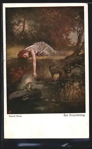 Künstler-AK Der Froschkönig, Prinzessin greift nach bekrontem Frosch