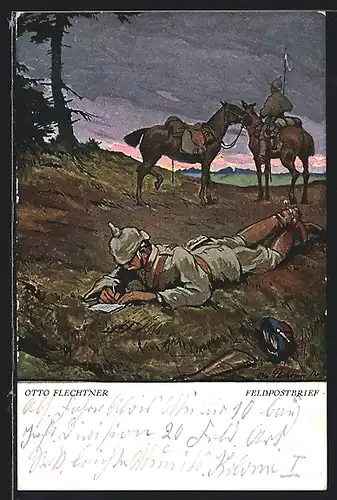 AK Feldpostbrief, Soldat schreibt einen Brief auf dem Felde