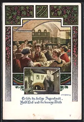 Künstler-AK Perchtoldsdorf, Rathauskeller, Aussen- und Innenansicht