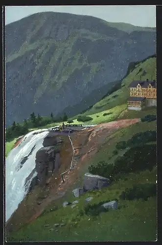 Künstler-AK Elbfallbaude mit Elbfall vor dem Berg
