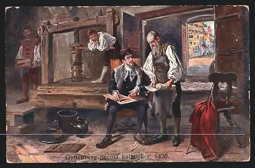 Künstler-AK Gutenberg arbeitet in seiner Werkstatt, Buchdruck