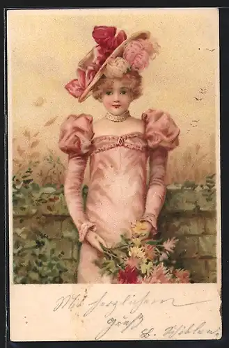 Lithographie Mädchen in hellrosanem Kleid mit Hut und Blumenstrauss, Jugendstil