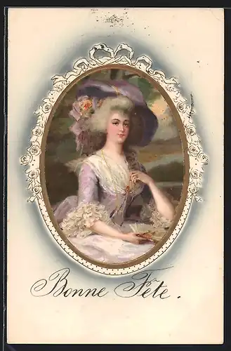 AK Portrait einer elegant gekleideten Frau im stilvollen Rahmen, Jugendstil