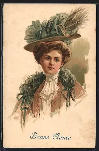 AK Schöne Frau mit elegantem Hut im Jugendstil