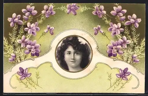 AK Portrait einer Frau verziert mit Ornament und Blumen