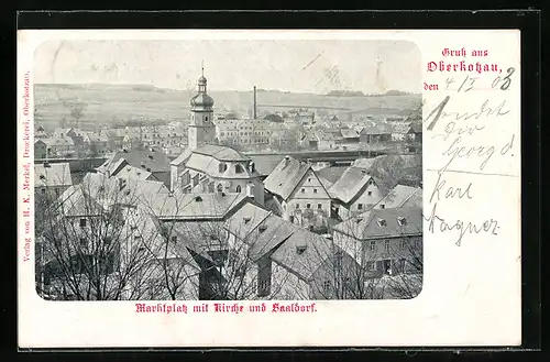 AK Oberkotzau, Blick auf Marktplatz mit Kirche und Saaldorf