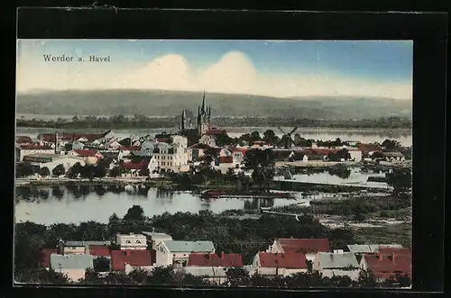AK Werder a. Havel, Ortsansicht mit See, Kirche und Mühle