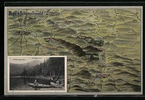 AK Cham i. B., Landkarte Bayern & Böhmerwald, Arbersee