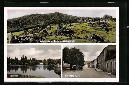 AK Schönsee, Dorfplatz, Felsenpartie und Seemotiv