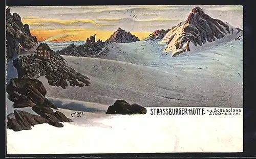 Künstler-AK Carl Moos: Strassburger Berghütte a. d. Scesaplana