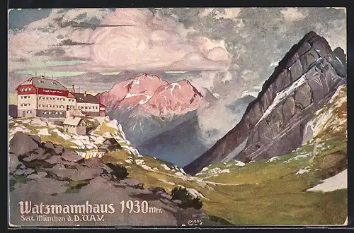 Künstler-AK Carl Moos: Berghütte Watzmannhaus, Sect. München d.D.Ö.A.V., Panorama