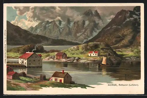 Lithographie Raftsund /Lofoten, Ortspartie am Wasser