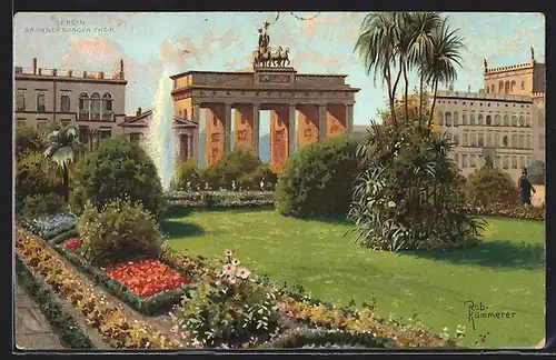 Künstler-AK Robert Kämmerer: Berlin, Grünanlage mit Brunnen vor Brandenburger Tor