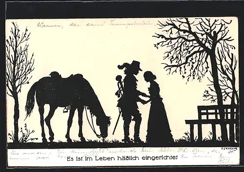 Künstler-AK Friedrich Kaskeline: Schattenbild, Trompeter mit Pferde und Frau