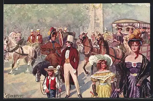 Künstler-AK Kaiser-Jubiläums-Huldigungsfestzug, Wien 1908, Gr. XVIII: Strassenleben mit Fuhrwerk (1830-1840)