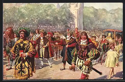Künstler-AK Kaiser-Jubiläums-Huldigungsfestzug, Wien 1908, Gruppe V: Doppelhochzeit der Enkel Kaiser Maximilians I.