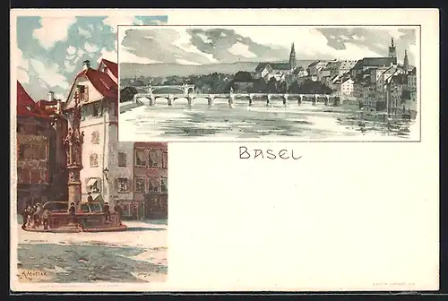 Künstler-AK Karl Mutter: Basel, Ortspartie mit Brücke, Marktplatz mit Brunnen