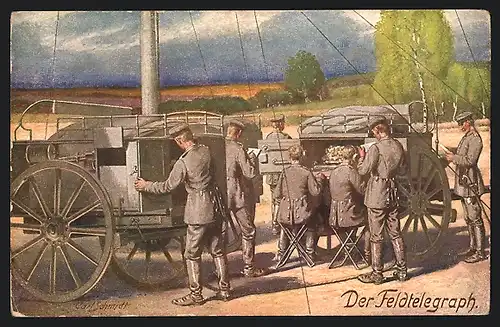 Künstler-AK Carl Schmidt: Der Feldtelegraph, Soldaten mit Kutschenwägen und Telegraphenmast